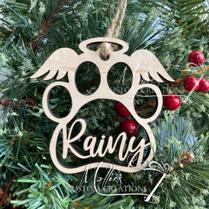 Angel Pet Paw Christmas Ornament, Personalized with Name | Angel Wings, Halo | Laser Cut Wood | Memorial