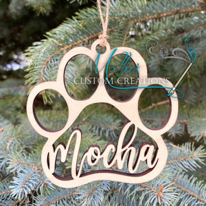 Pet Christmas Ornaments, Personalized with Name | Dog, Cat, Paw | Laser Cut Wood