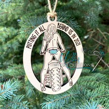 Load image into Gallery viewer, 2021 Covid Mask Ornament: Putting it all behind us, Biker Girl version | Wooden Christmas ornament | Mask on Butt
