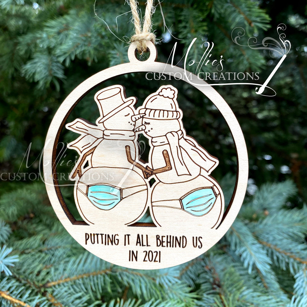 2021 Covid Mask Ornament: Putting it all behind us, Snowman version | Wooden Christmas ornament | Masks on Butt