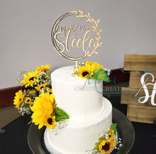 Load image into Gallery viewer, Wedding Cake Topper Circle with Leaves, Personalized with Name | Mr &amp; Mrs

