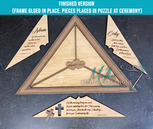 Unity Puzzle for Wedding Ceremony | Personalized | Triangle with 2 Hearts and Cross