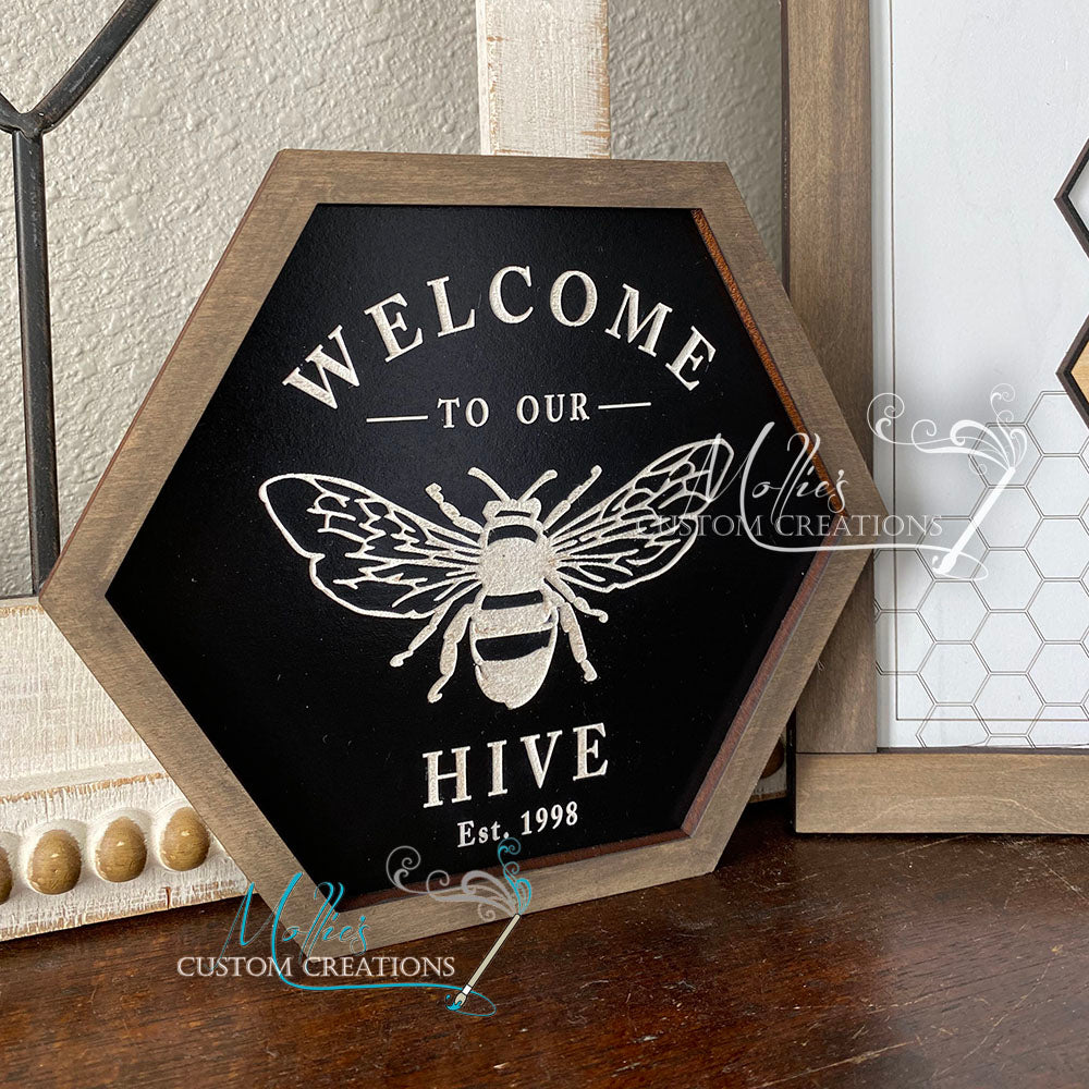 Welcome to our Hive Sign, personalized with Family Est. Date | Honey bee Home Décor