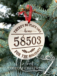 There is no place like home, zip code personalized ornament | Wooden Christmas ornament